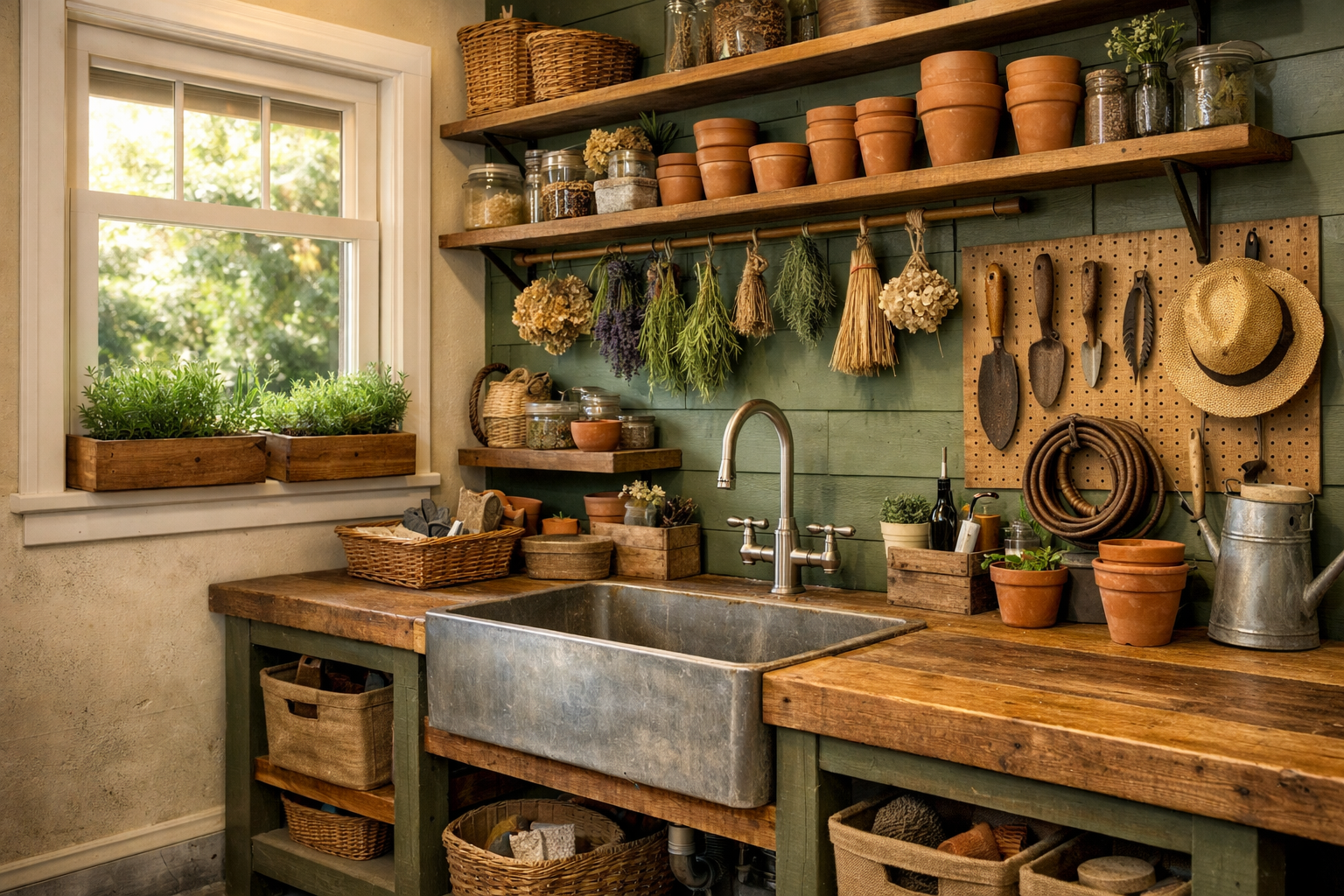Charming garage potting shed with reclaimed wood counters and galvanized sink