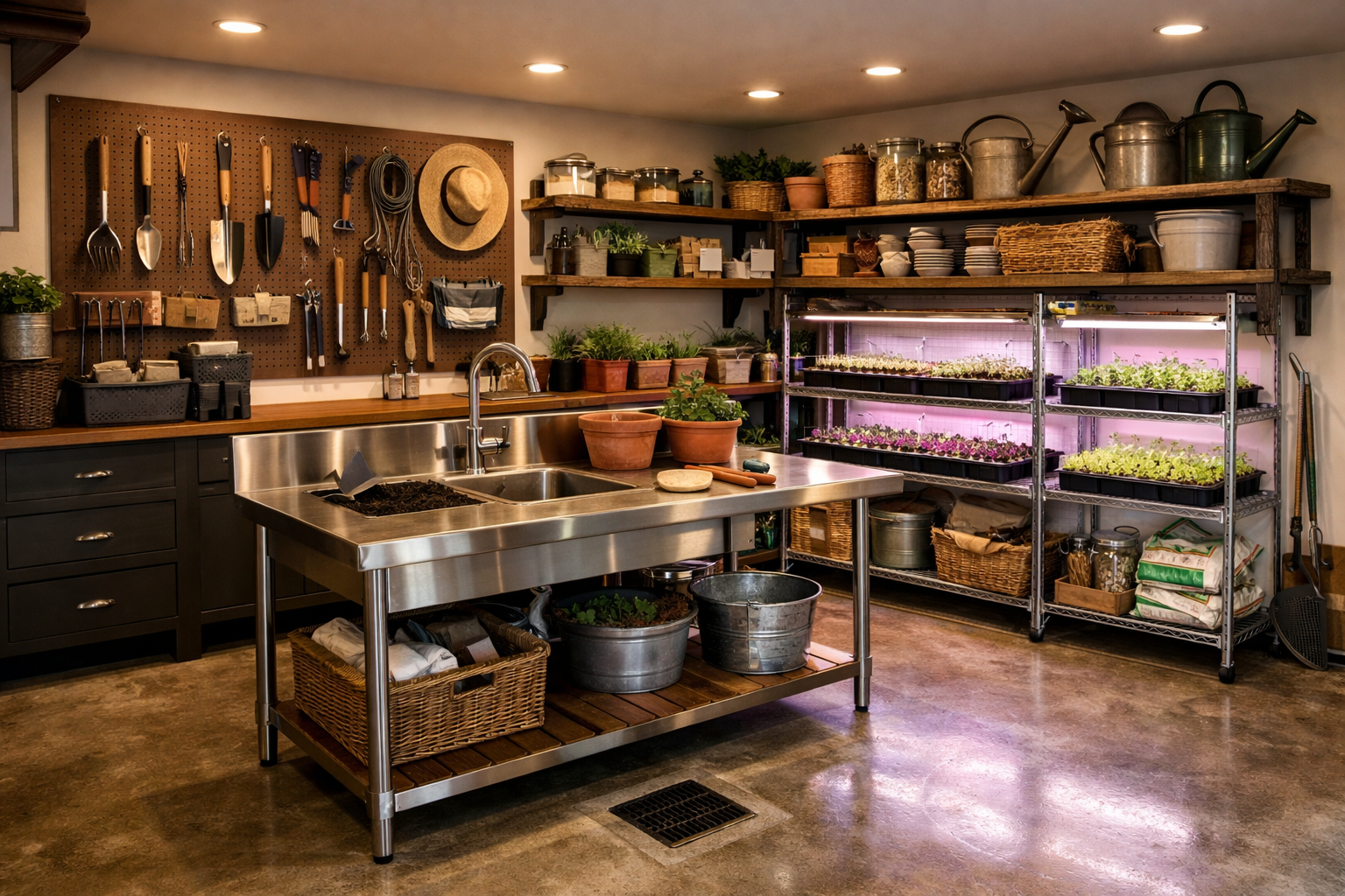 Organized garage garden workspace with stainless steel potting bench and tool storage
