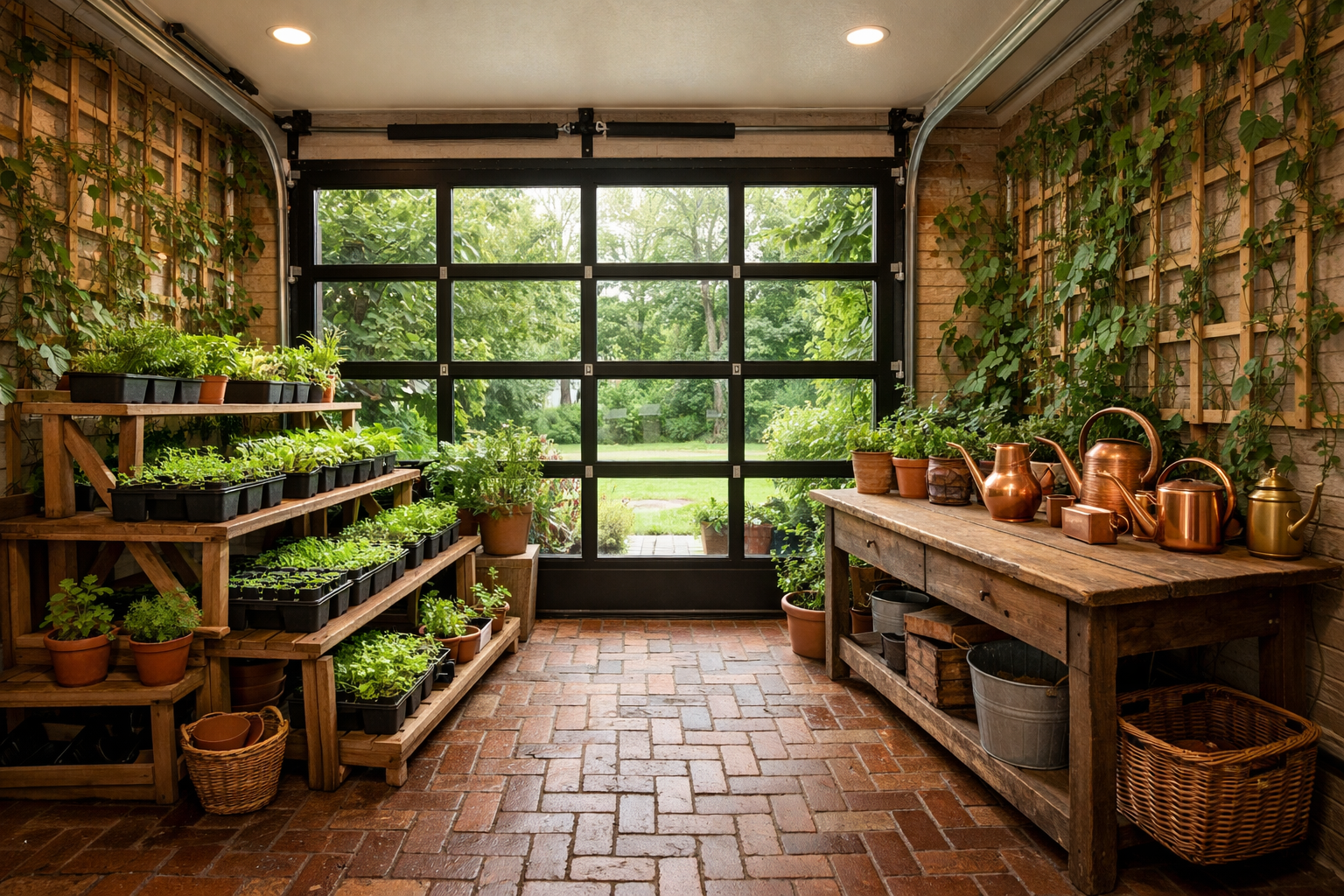 Greenhouse-style garage with glass panels and tiered plant stands