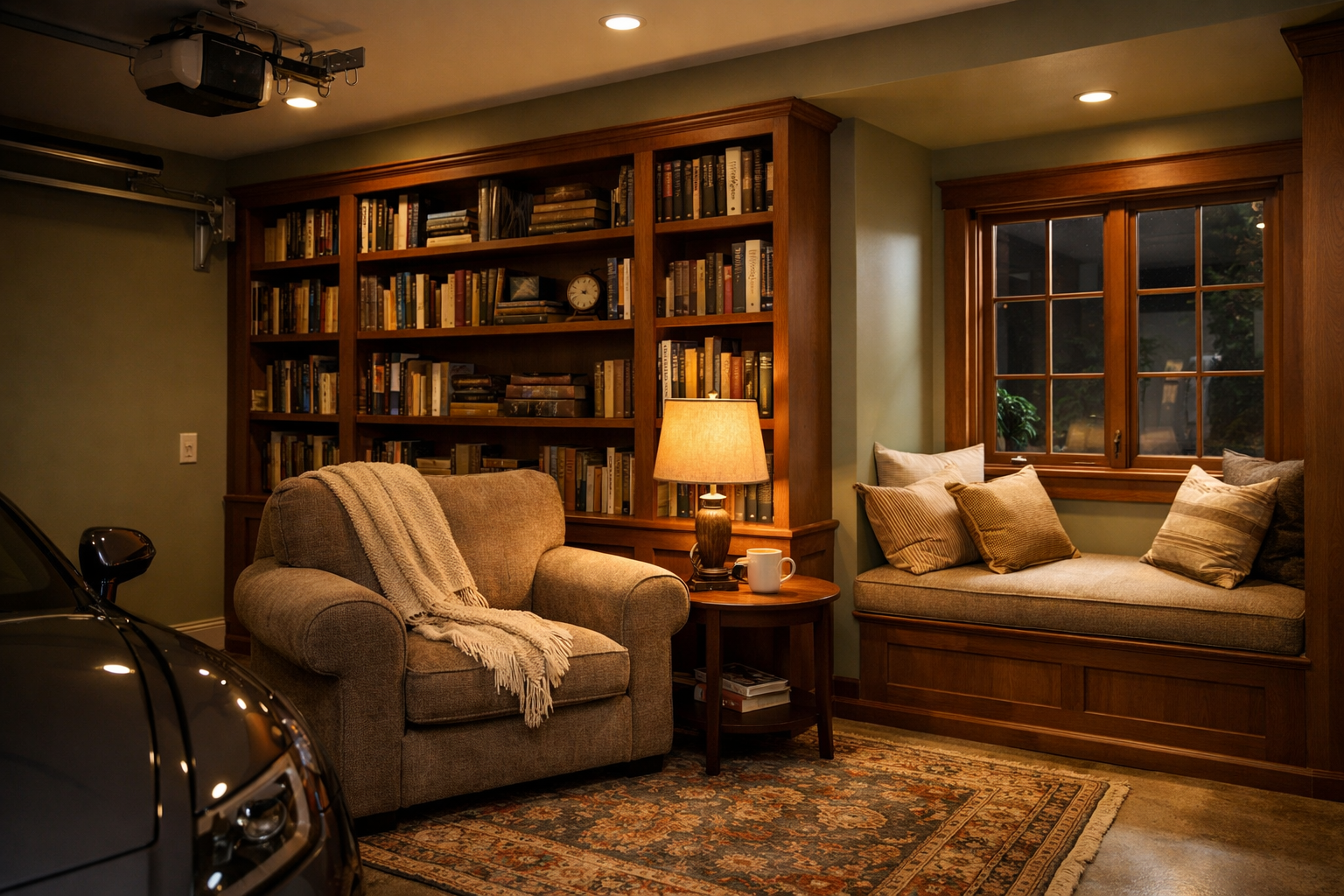 Cozy garage reading nook with built-in bookshelves and oversized armchair