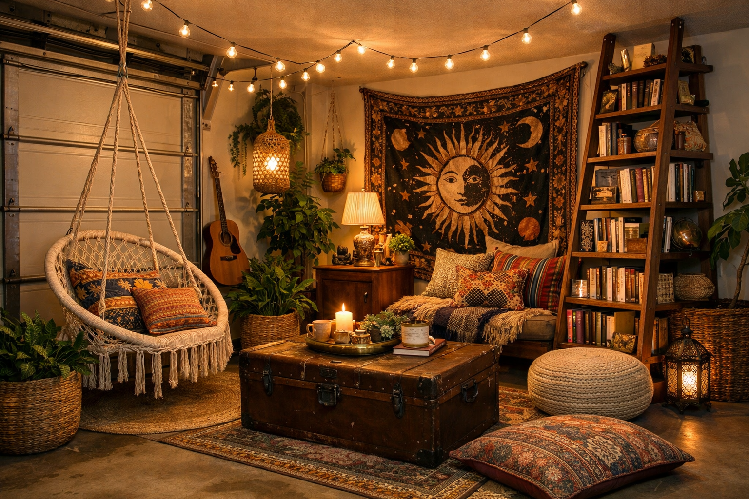 Bohemian garage reading space with hanging macrame chair and string lights