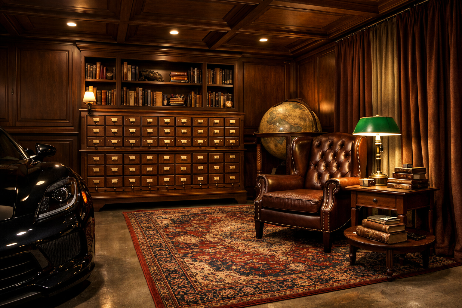 Traditional garage library with leather wingback chair and dark wood paneling