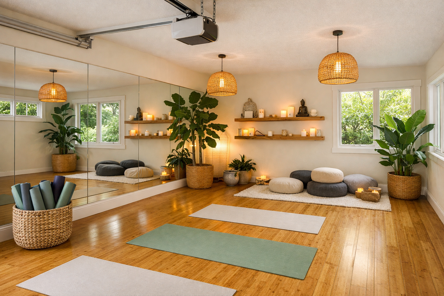 Serene garage yoga studio with bamboo flooring and meditation cushions