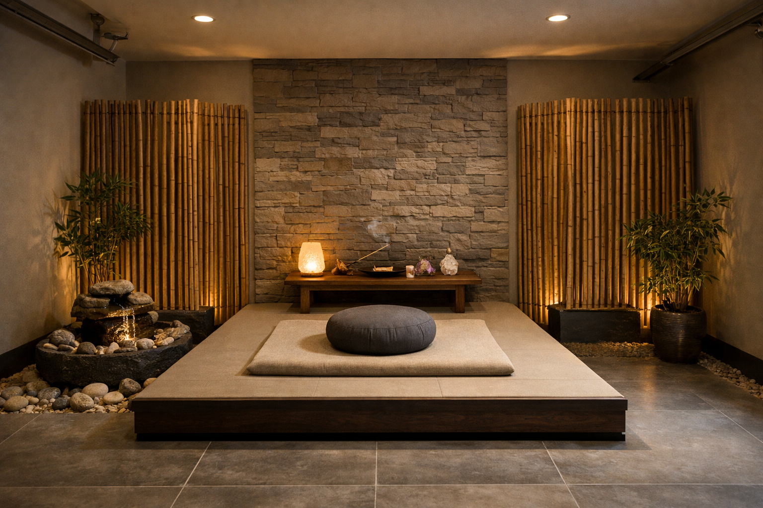 Zen garage meditation room with minimalist design and bamboo screens