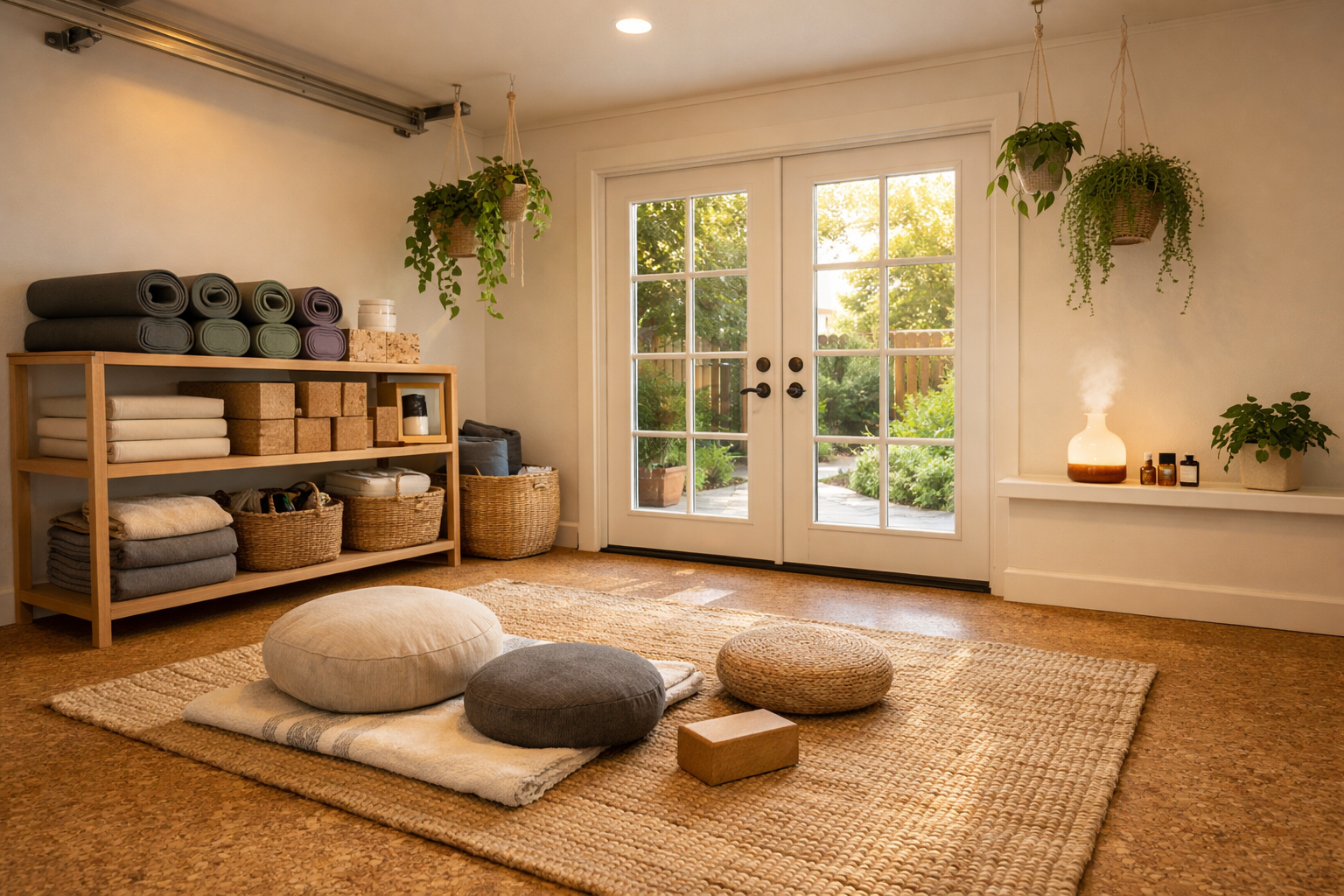 Bright garage wellness space with cork flooring and hanging plants