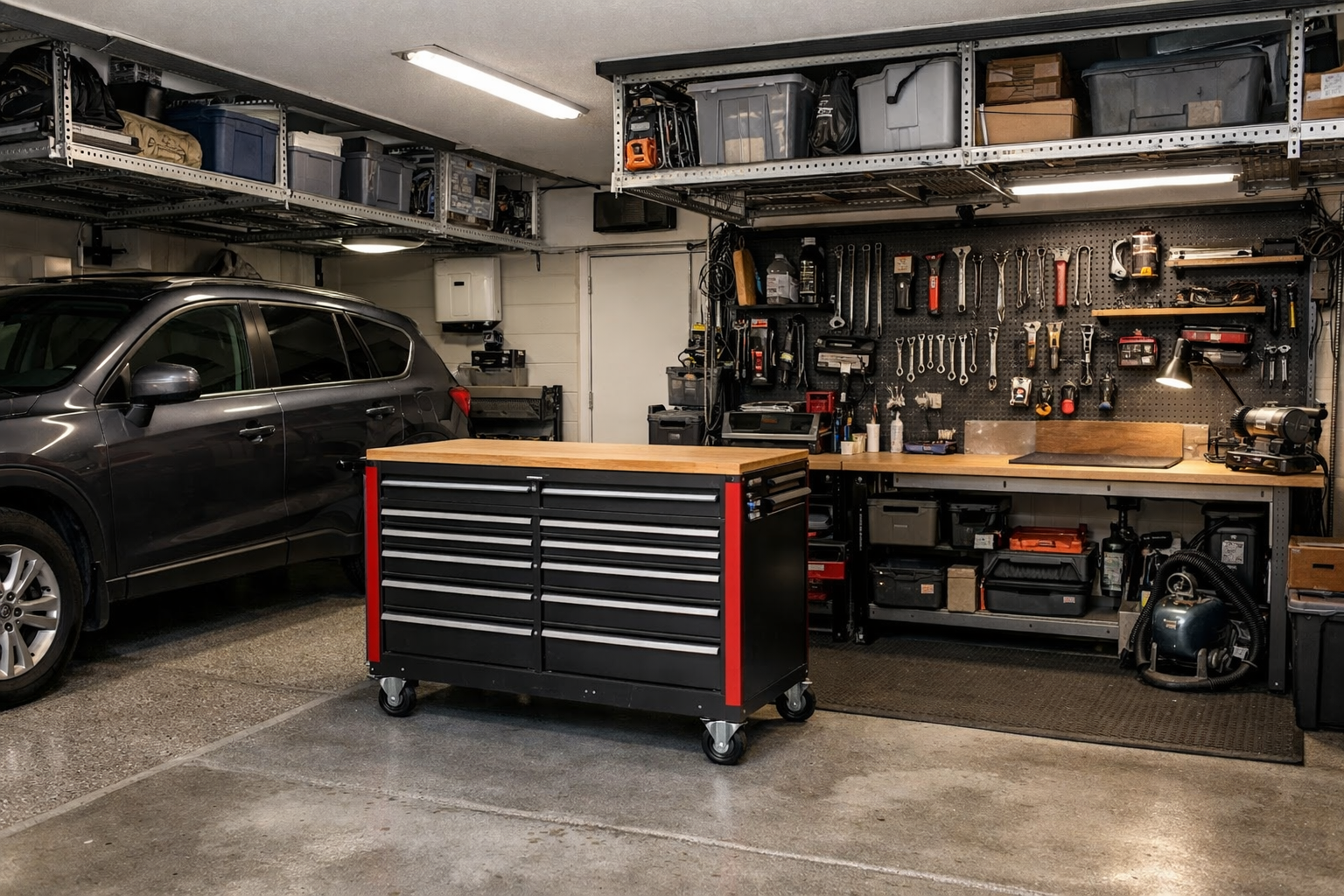 Two-car garage with vehicle parking and workshop area separated by mobile storage