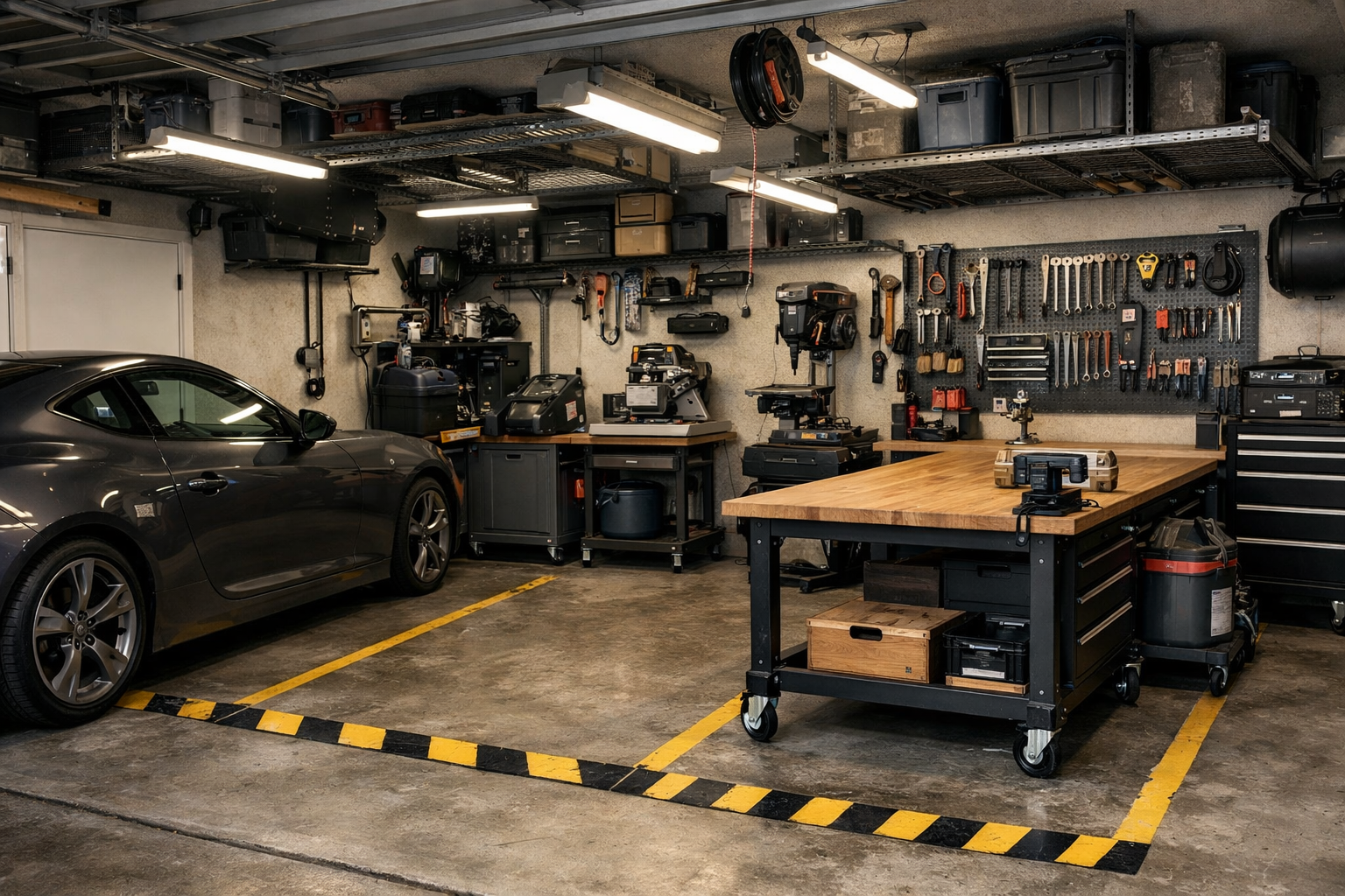 Single-car garage with mobile workshop equipment around parked vehicle