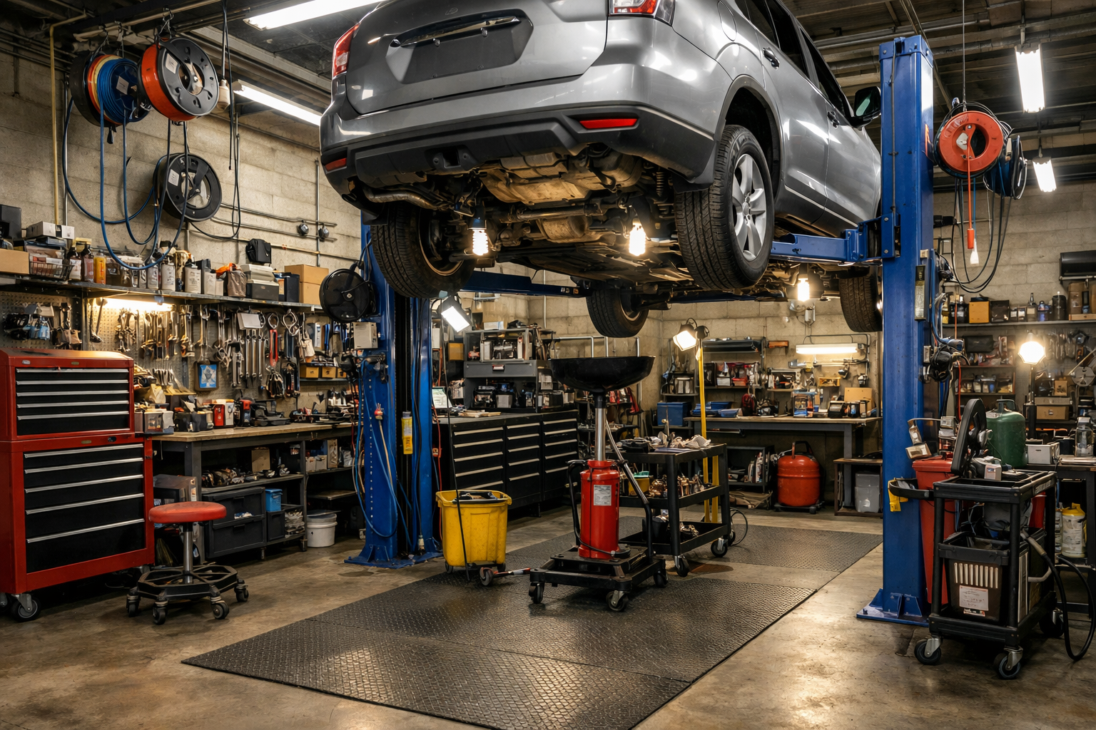 Garage workshop with hydraulic car lift and professional tool organization