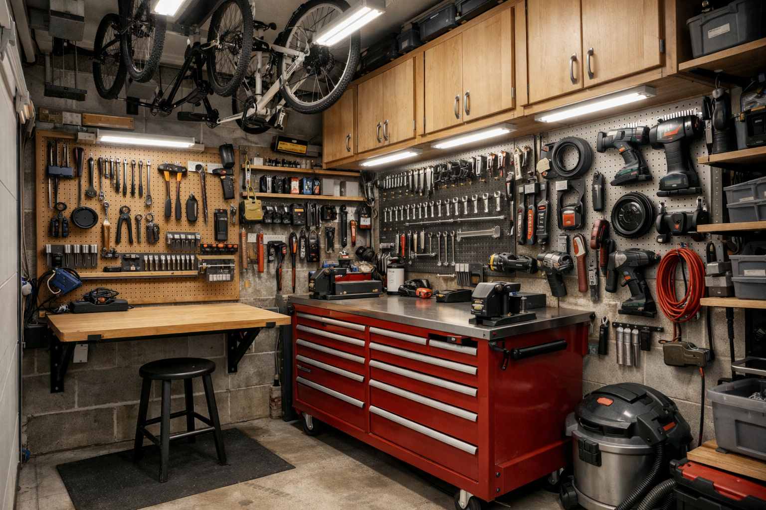 Tiny garage workshop with fold-down workbench and wall-to-wall pegboard storage