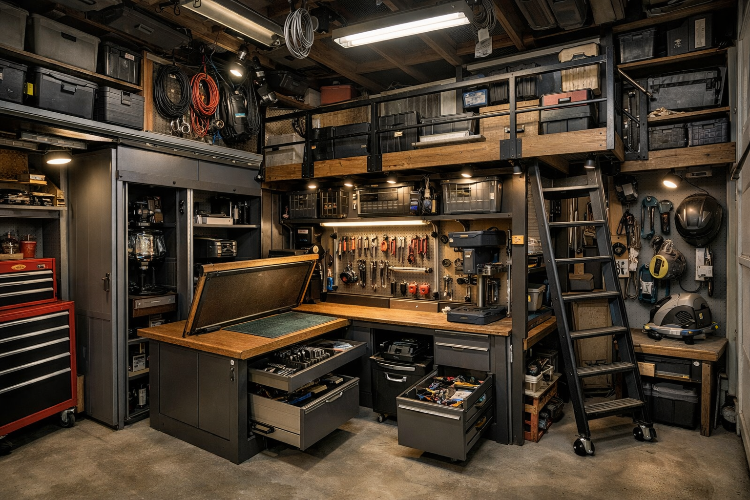Multi-level compact garage workshop with mezzanine storage and alcove workbench