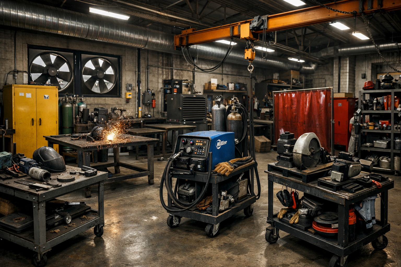 Industrial garage metalworking shop with steel workbenches and welding station