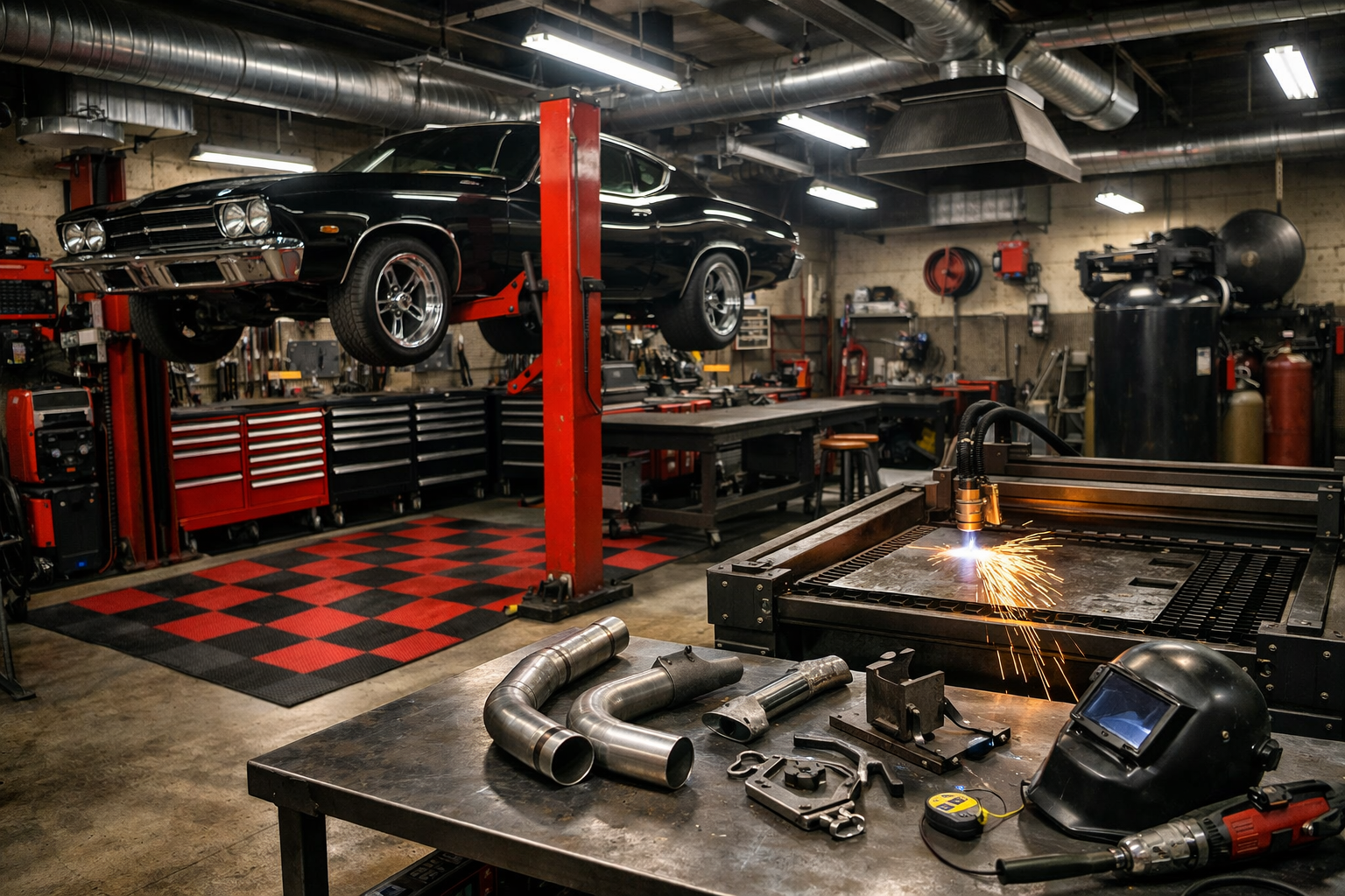 Automotive garage workshop with car lift and metal fabrication equipment