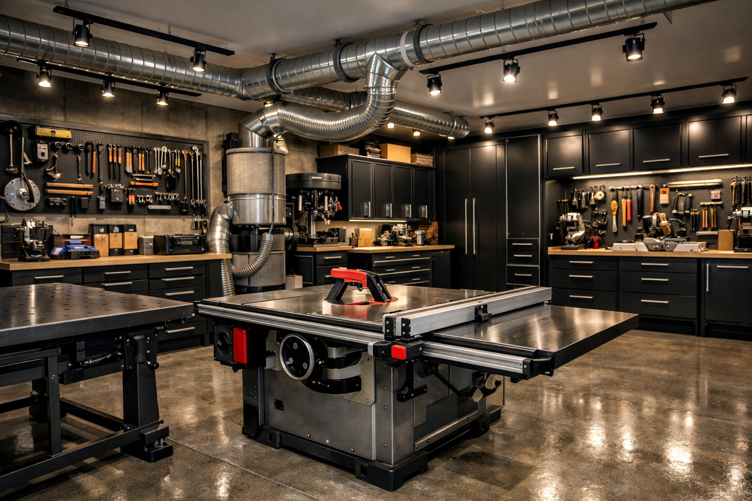 Professional garage workshop with commercial equipment and precision workbench