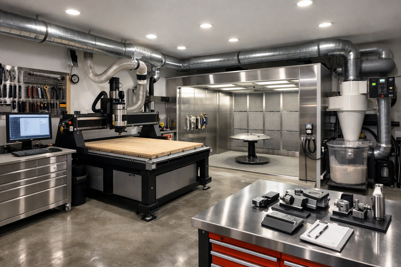 High-tech garage shop with CNC equipment and professional spray booth
