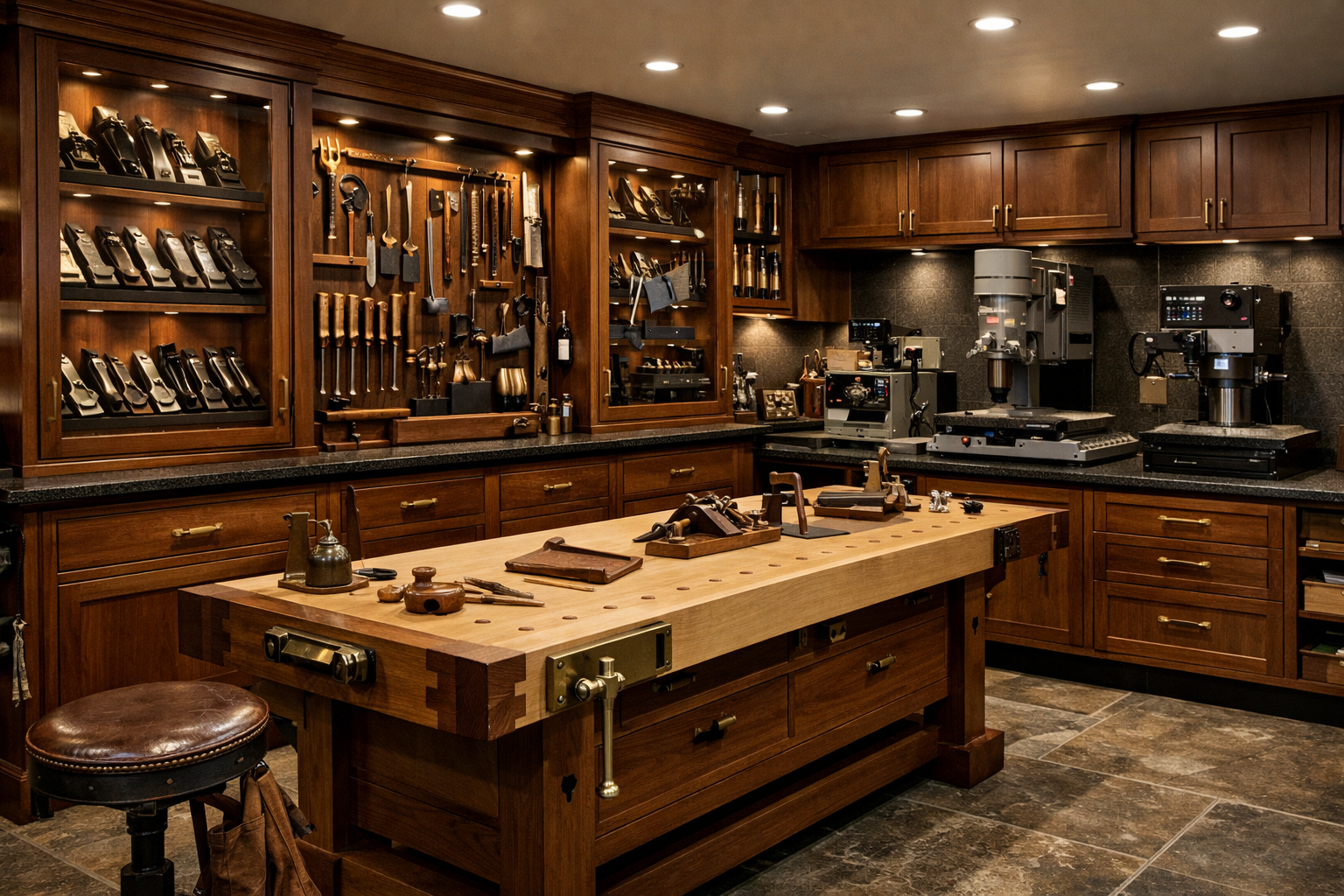 Luxury garage workshop with museum-quality tool display and custom millwork