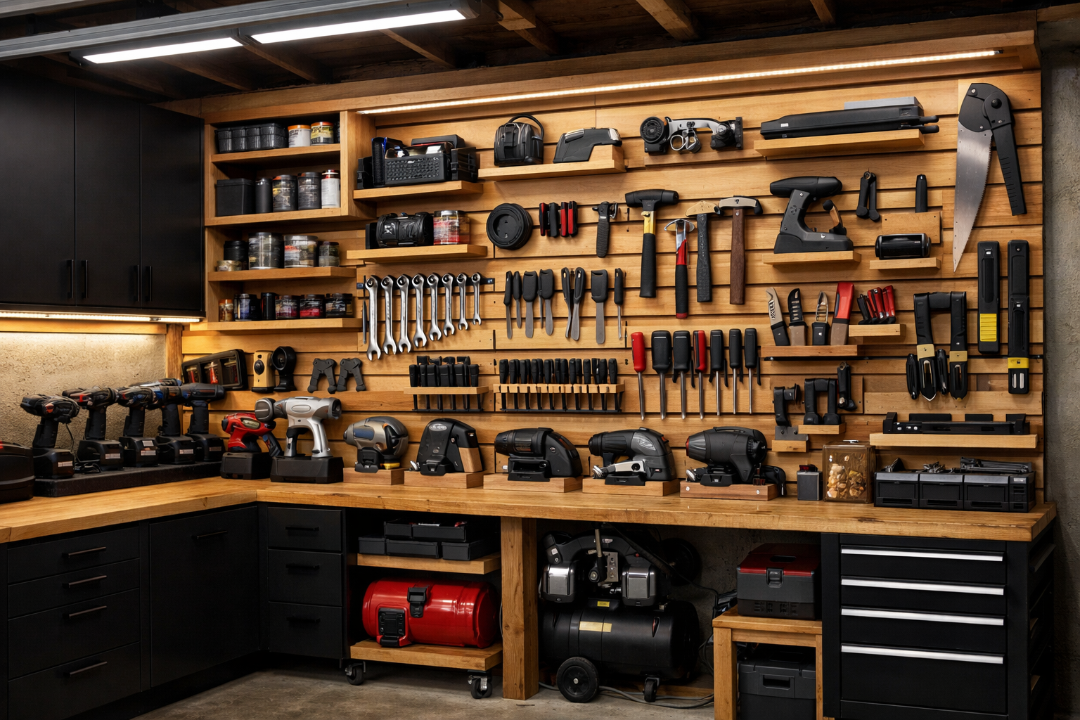 Floor-to-ceiling French cleat tool wall with custom holders and LED lighting