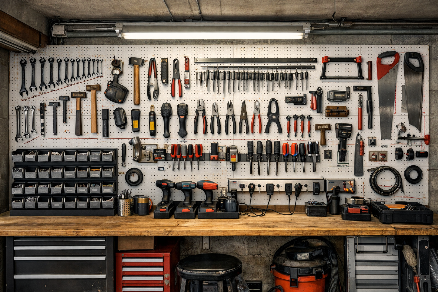 Traditional white pegboard tool wall with red hooks and organized tool groups