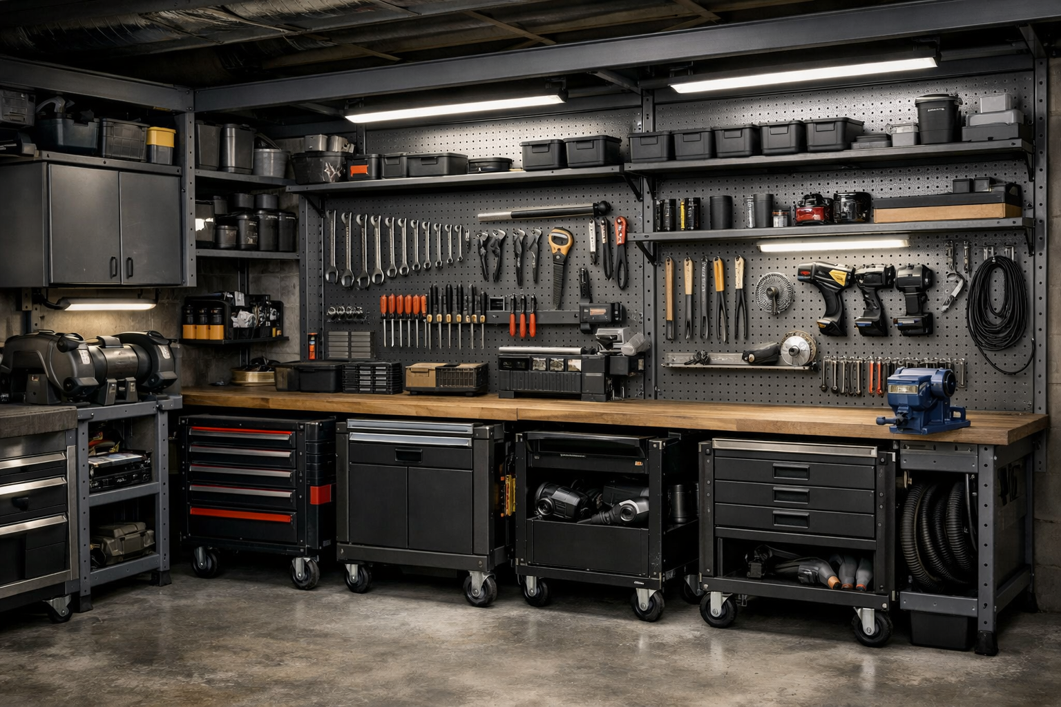 Modular metal tool storage system with perforated panels and adjustable components