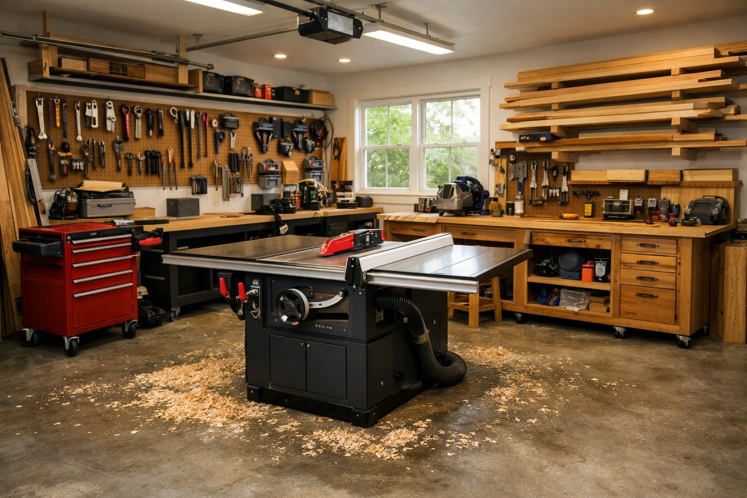 Spacious garage woodworking workshop with table saw and organized tool storage