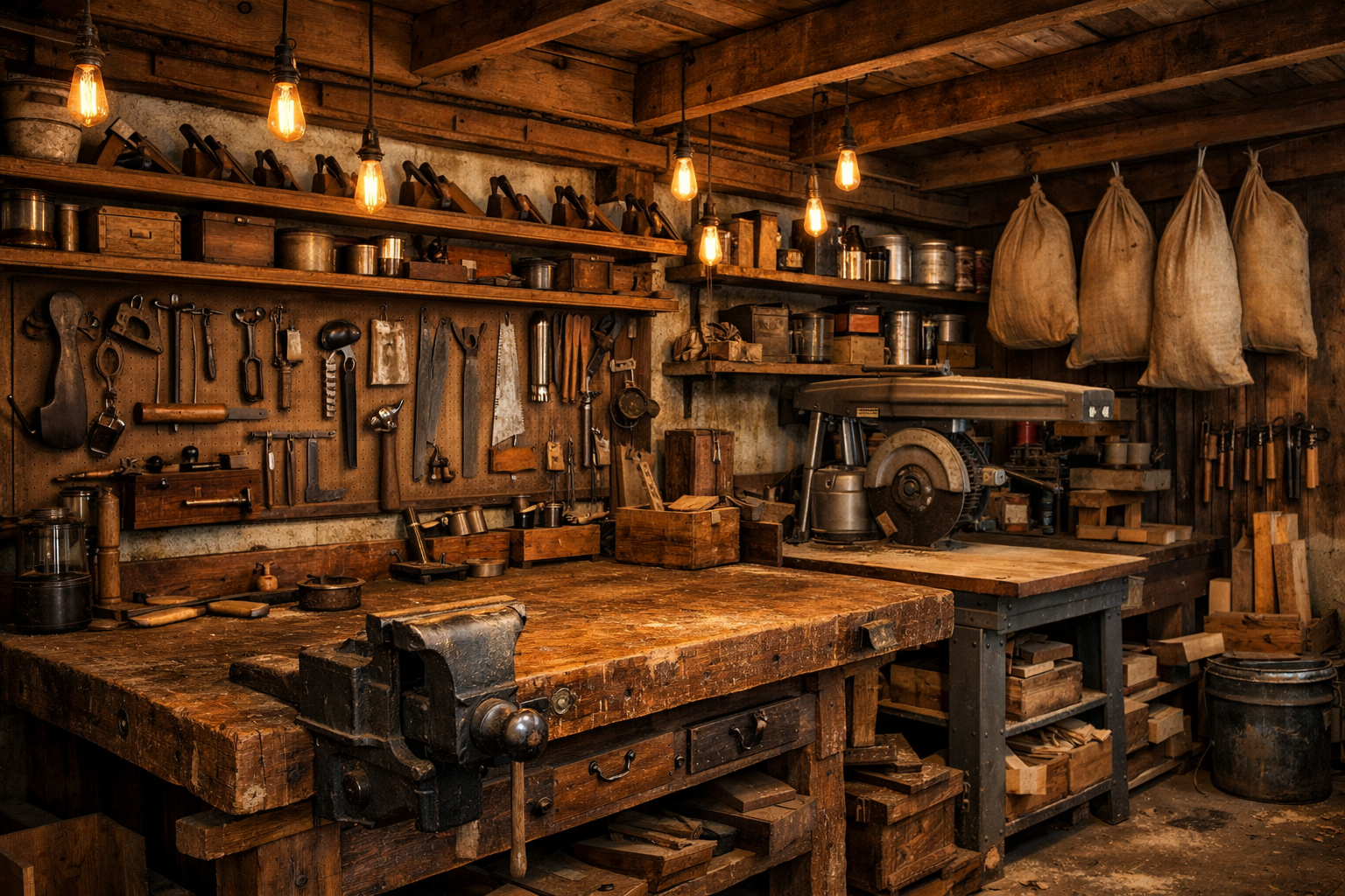 Traditional garage woodworking shop with vintage workbench and hand tools