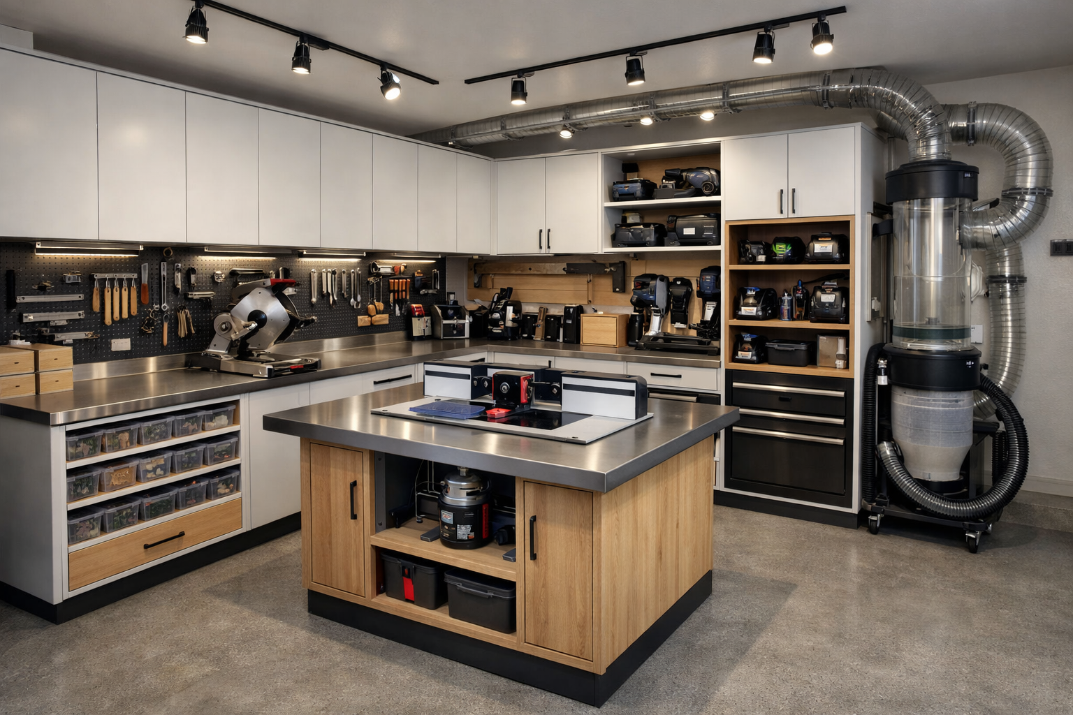 Modern garage woodworking workshop with white cabinets and steel workbench