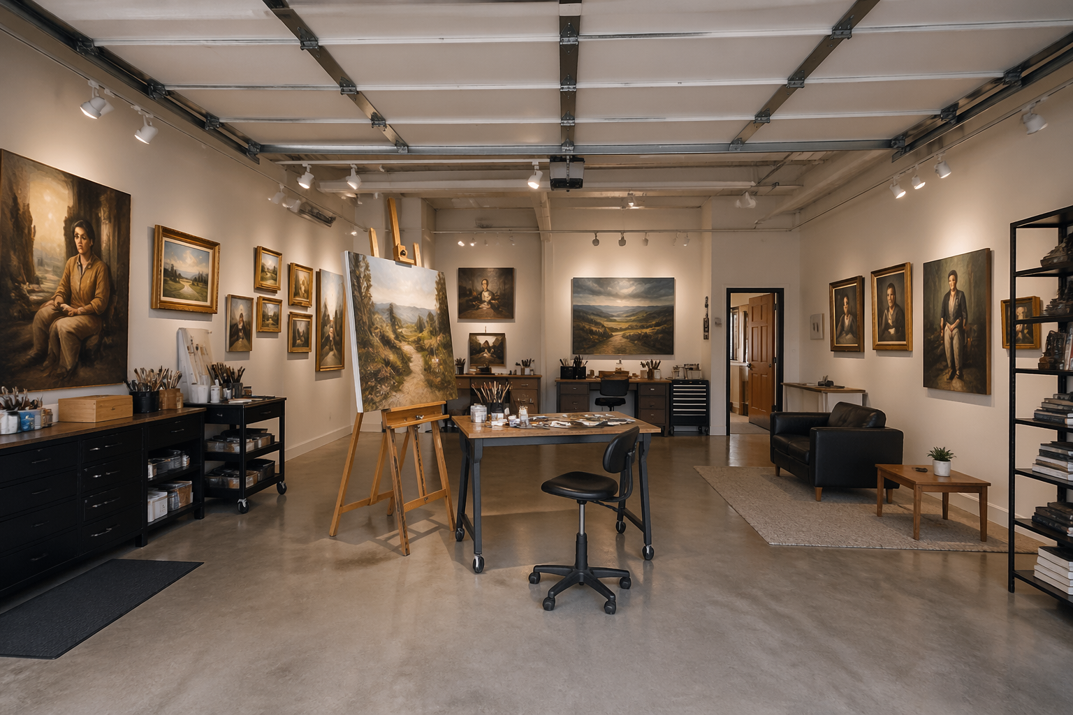 Gallery-style garage studio with wall-mounted artwork and central workspace