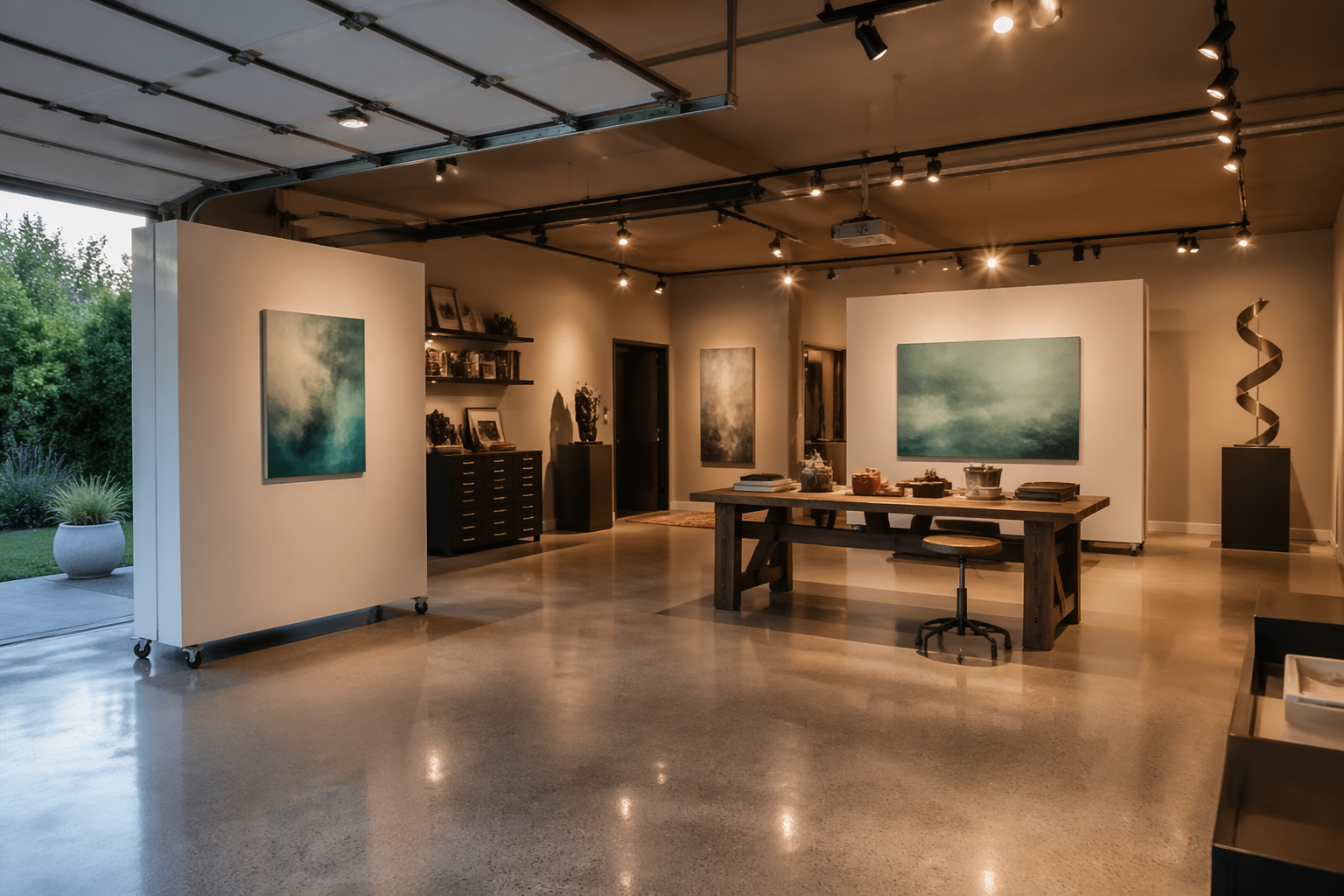 Flexible garage studio with moveable display panels and adjustable layout