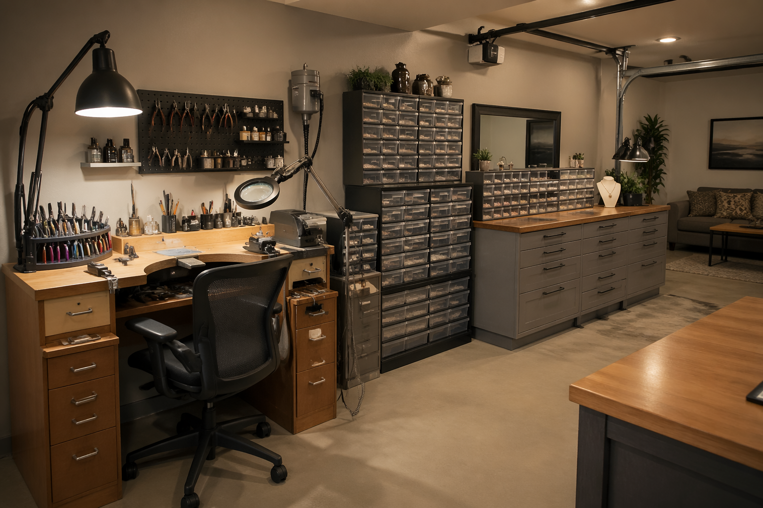 Organized jewelry making garage studio with professional tools and storage