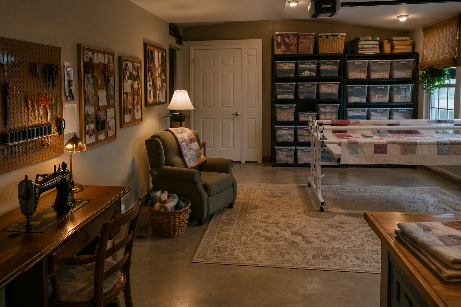 Cozy garage craft room with vintage sewing machine and fabric storage