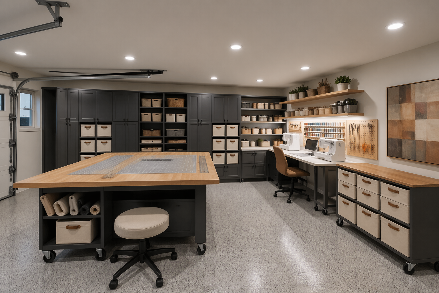Modern garage craft studio with modular storage and cutting table