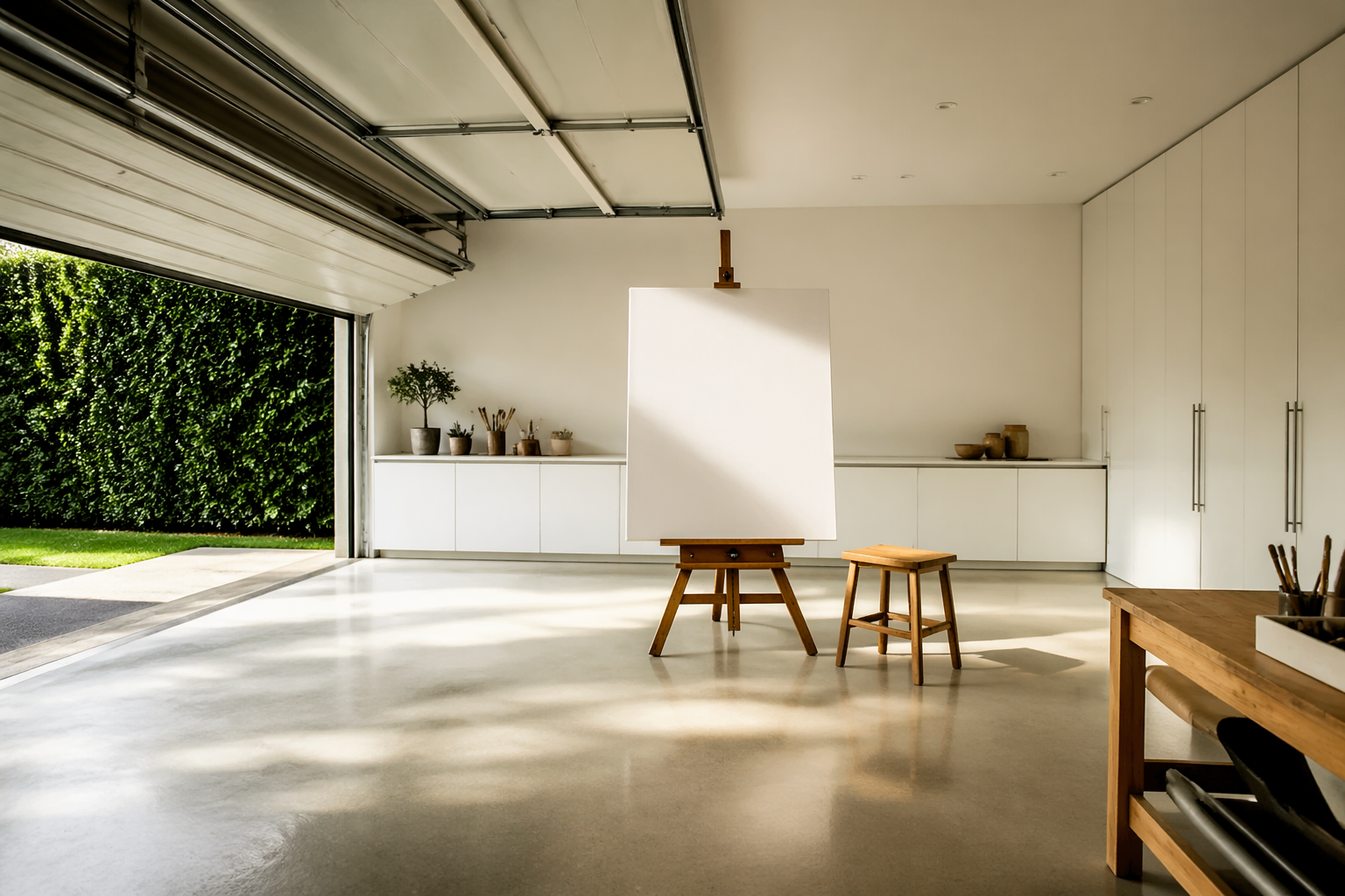 Zen-like minimalist garage art studio with single easel and clean lines