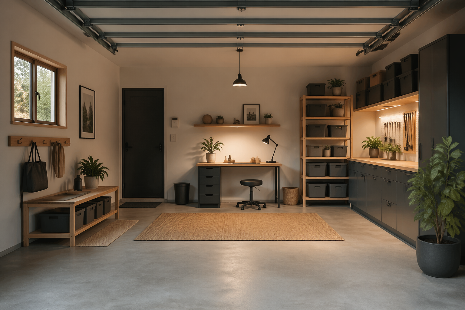 Scandinavian minimalist garage studio with light wood and white design
