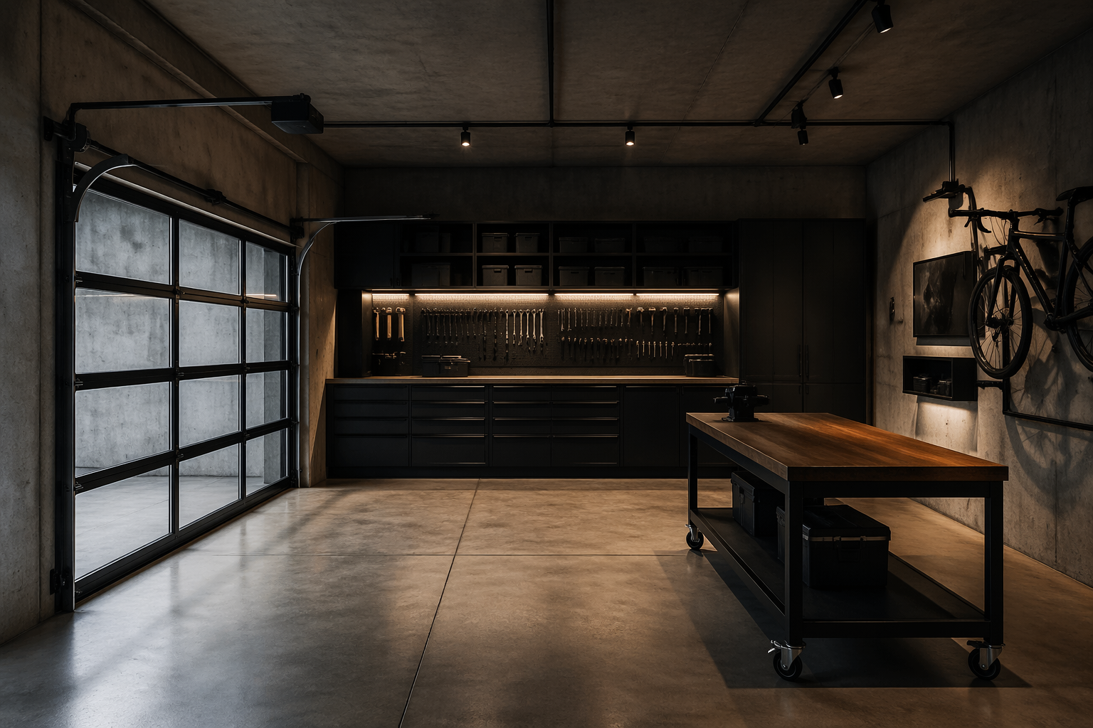 Industrial minimalist garage studio with concrete and black metal accents
