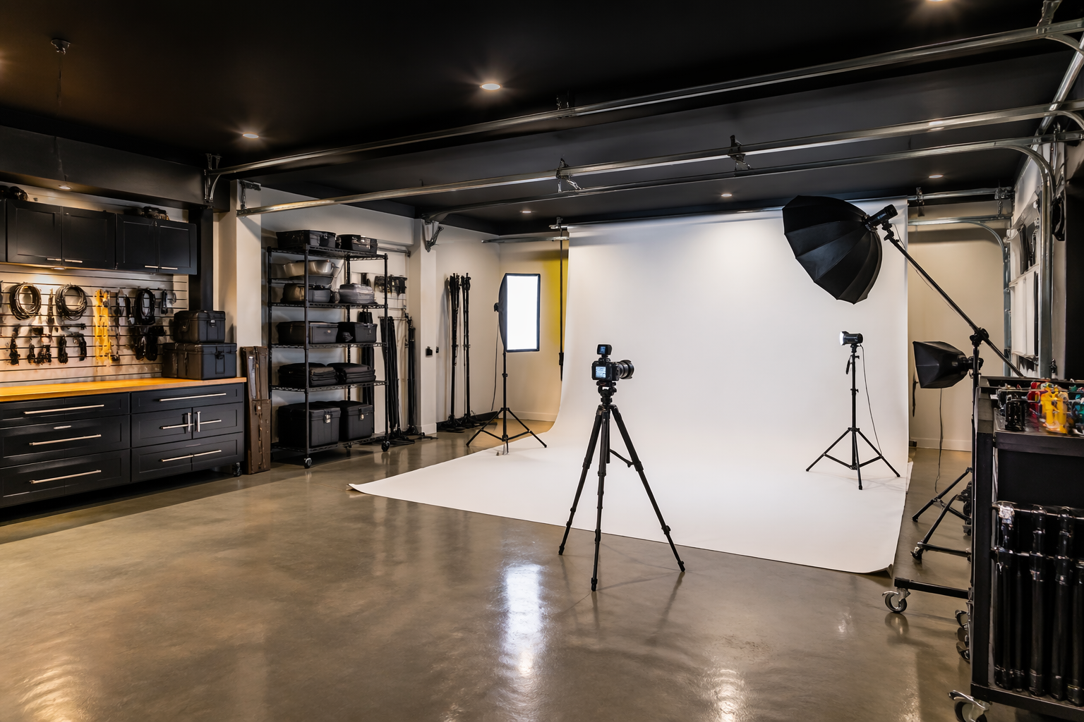 Professional garage photography studio with seamless backdrop and lighting