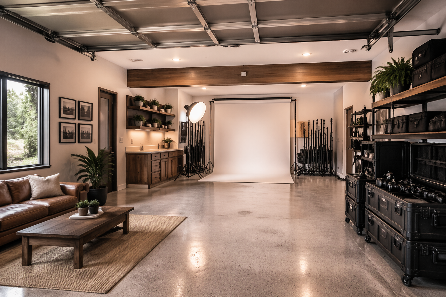 Natural light garage portrait studio with comfortable client seating