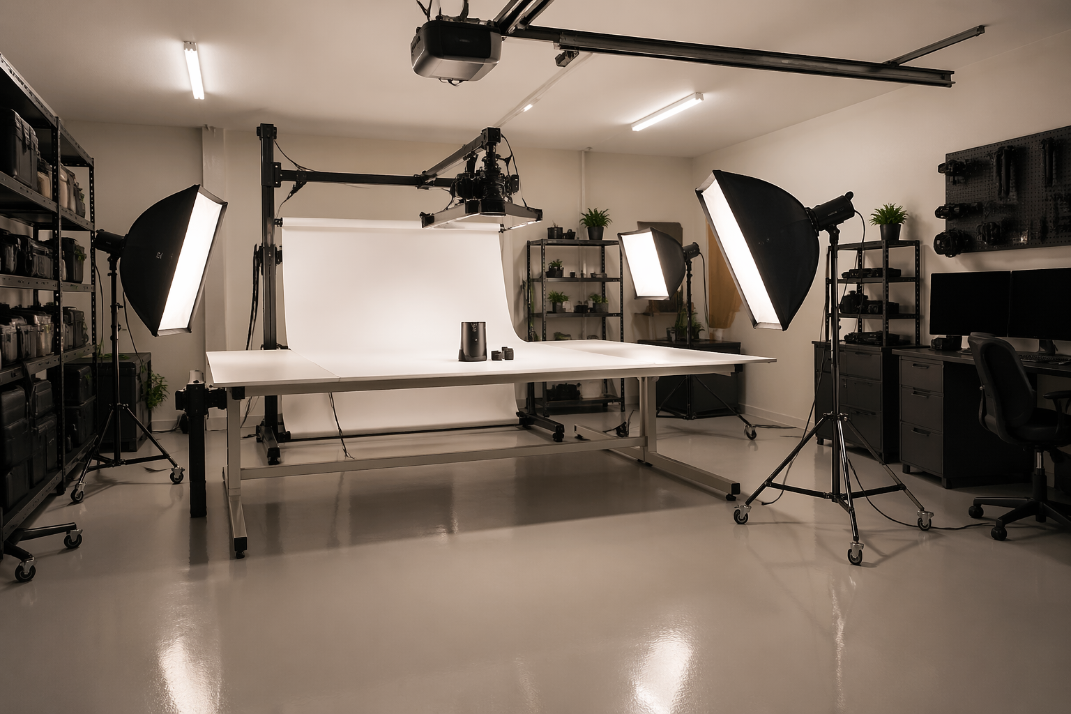 Clean product photography garage with adjustable lighting and shooting table