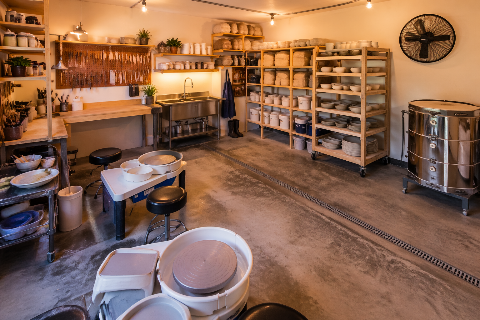 Complete garage pottery studio with wheels, kiln, and tool storage