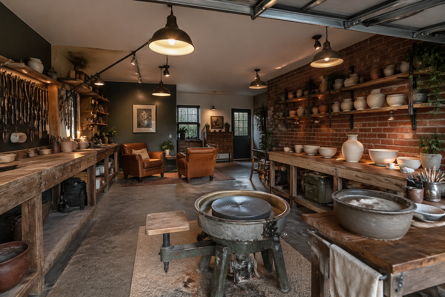 Rustic pottery studio with reclaimed wood and vintage pottery wheel