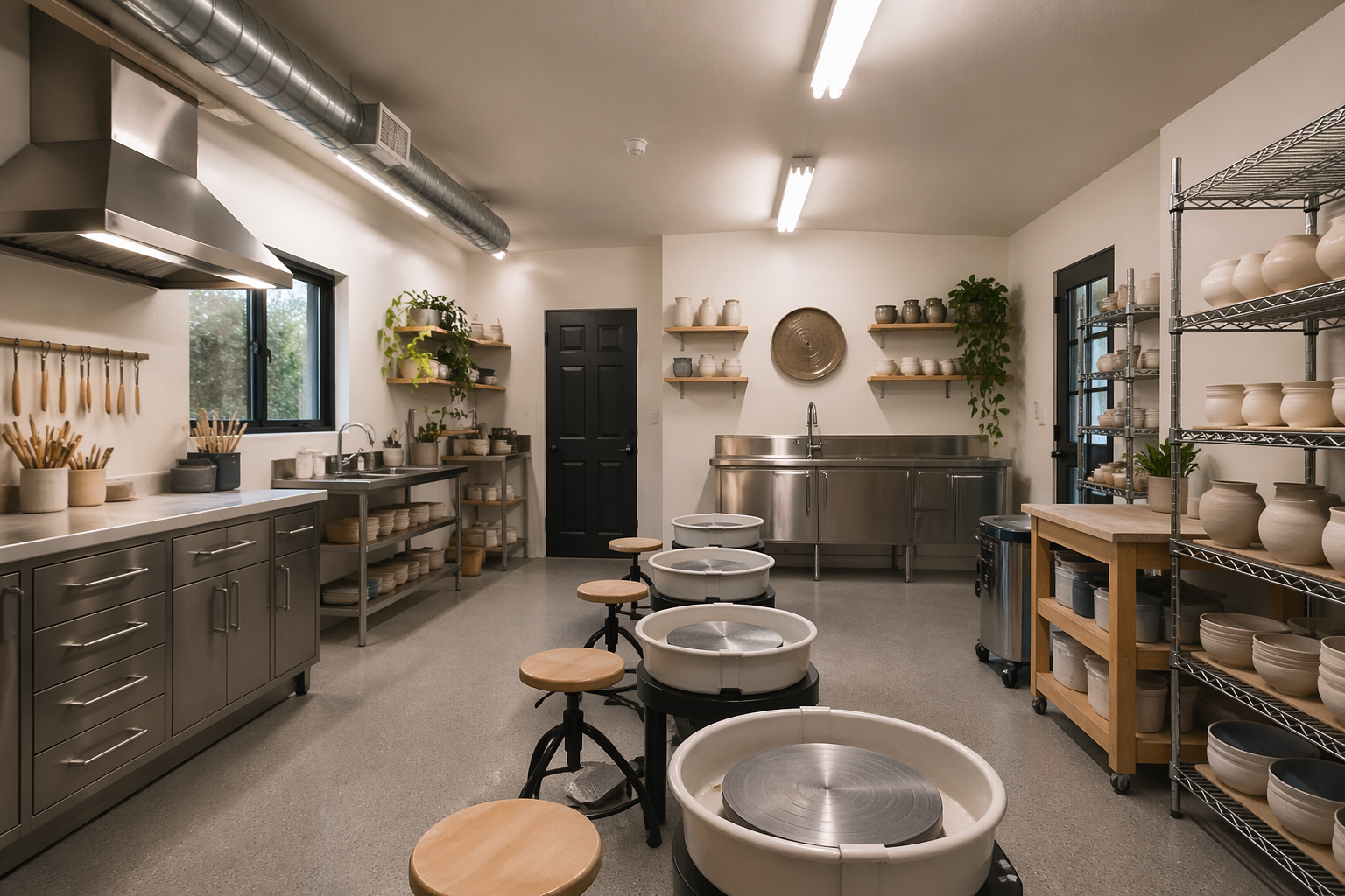 Modern clean pottery garage with stainless steel work surfaces