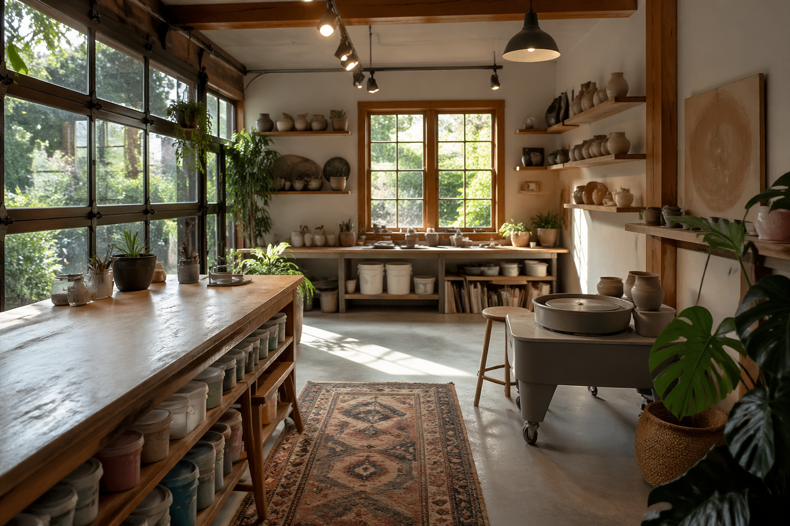 Natural light ceramics studio with handmade pottery displays