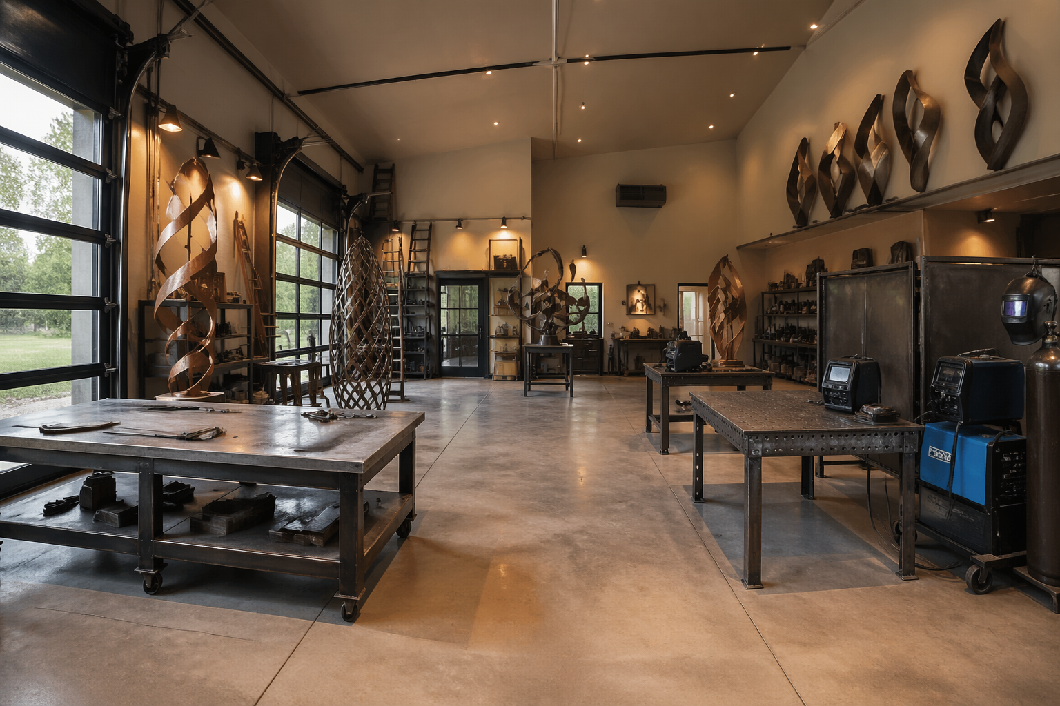 Industrial sculpture garage with welding station and metal artworks
