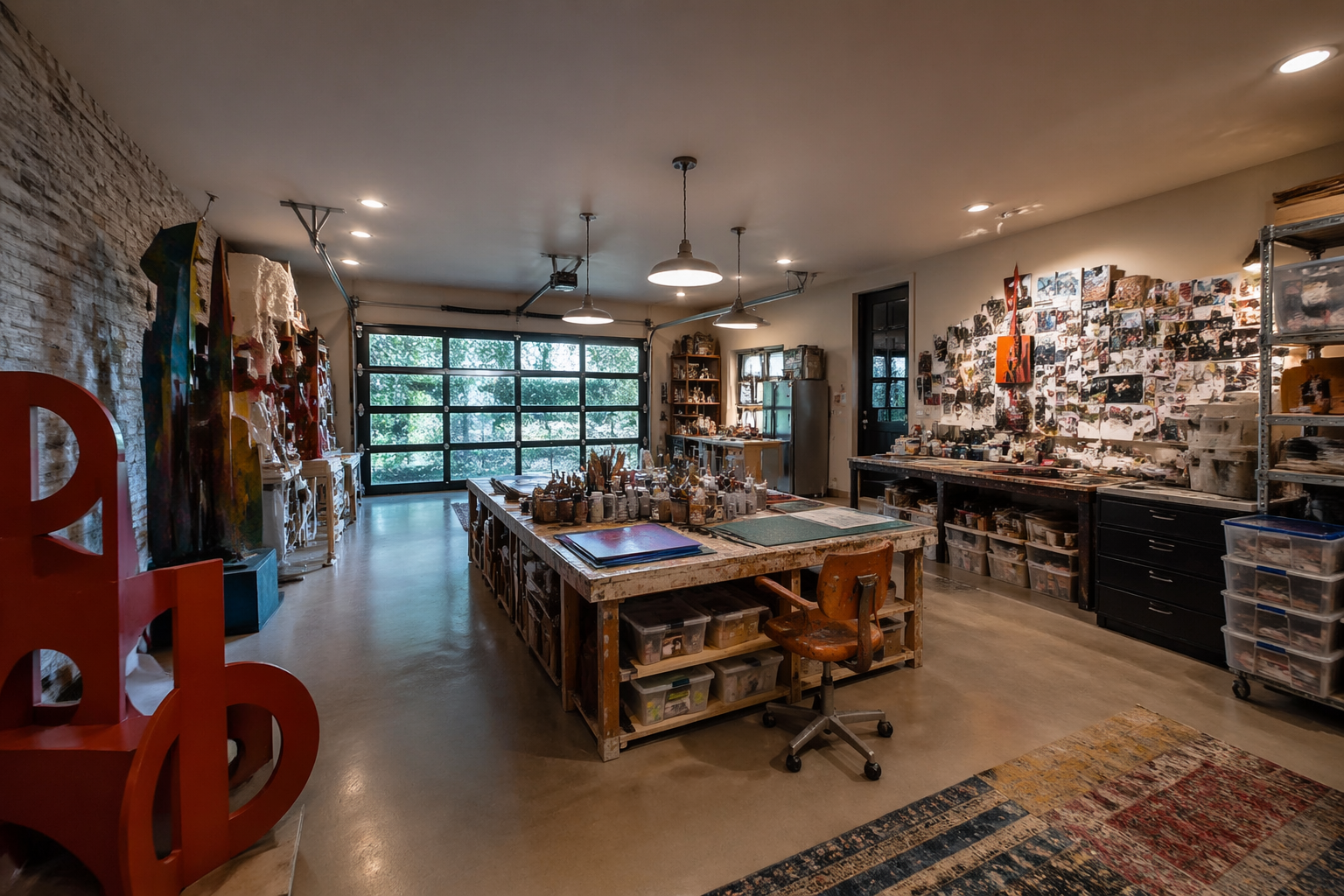 Colorful mixed media garage studio with abstract sculptures and supplies
