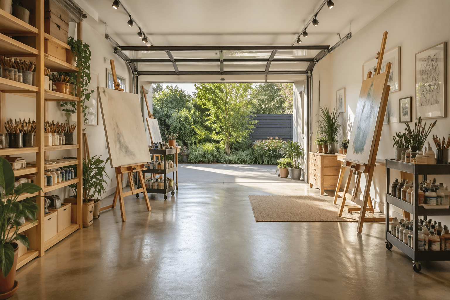 Bright garage painting studio with open glass door and natural light