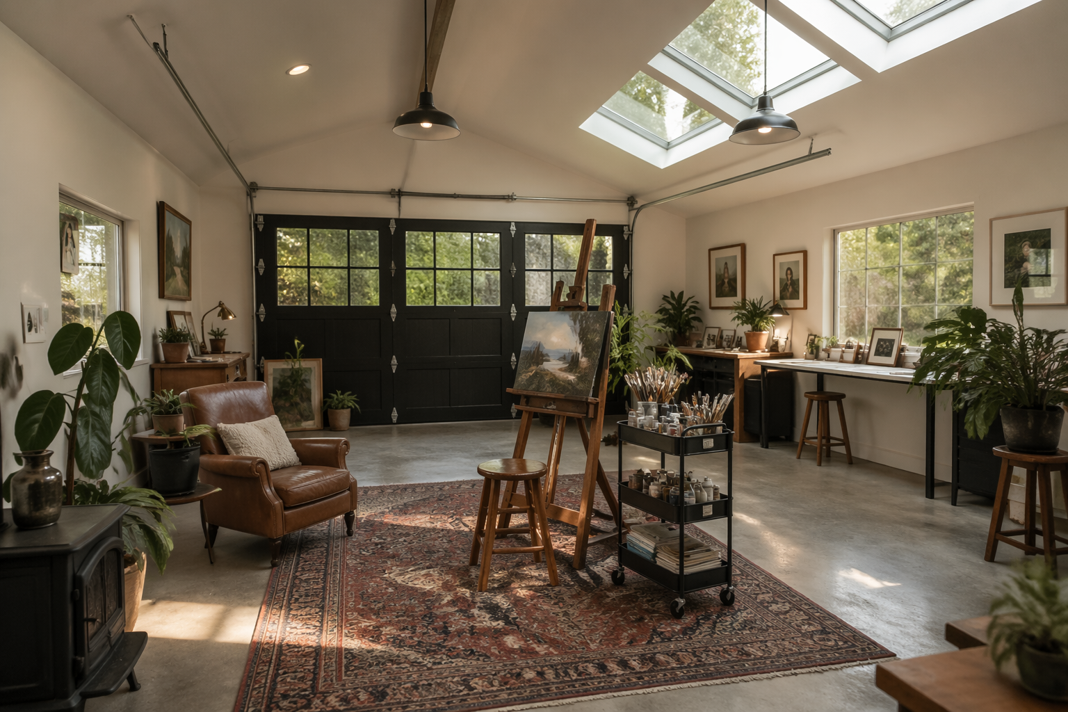 Garage art studio with skylights and large windows for natural lighting