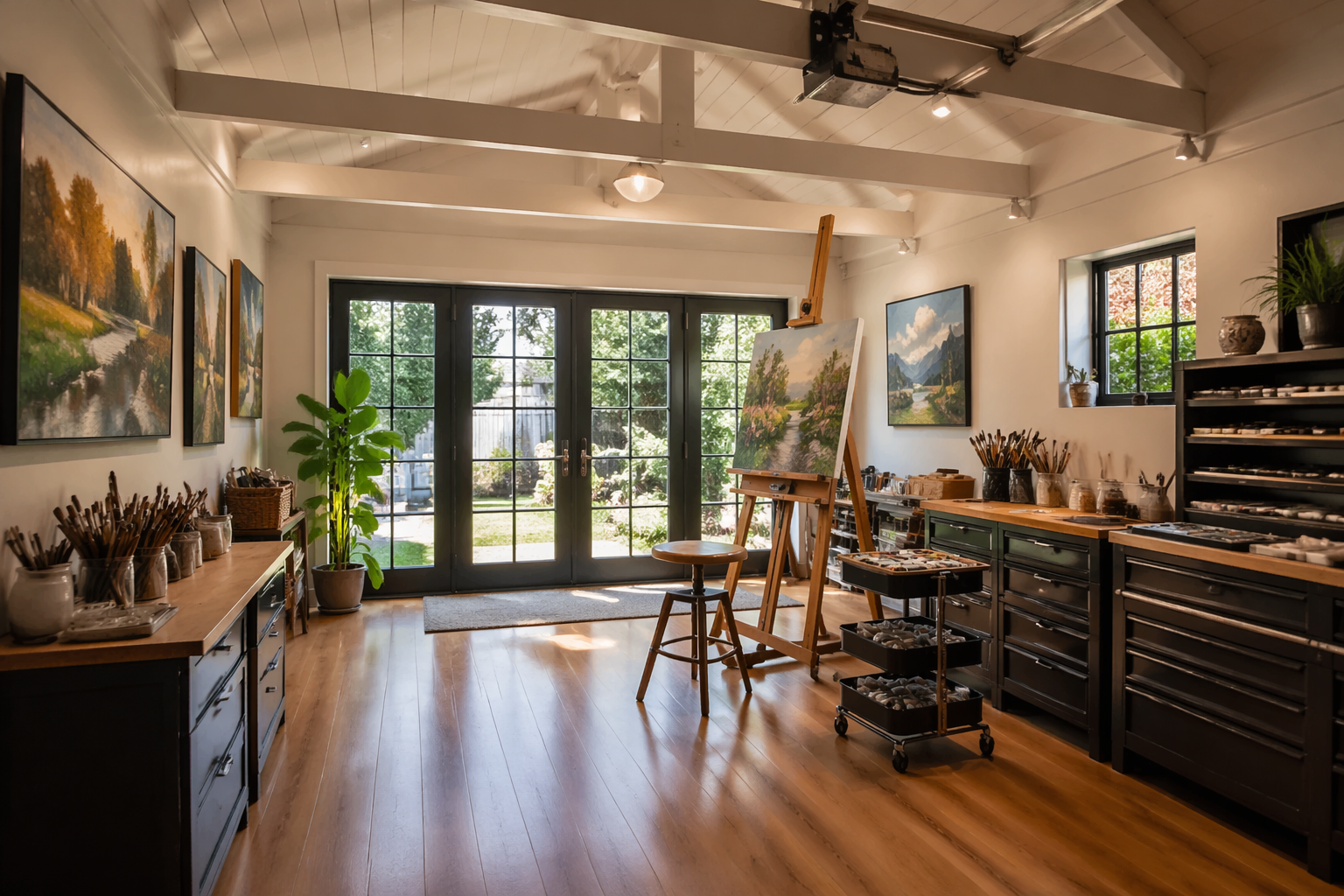 Elegant garage studio with French doors and exposed beam ceiling