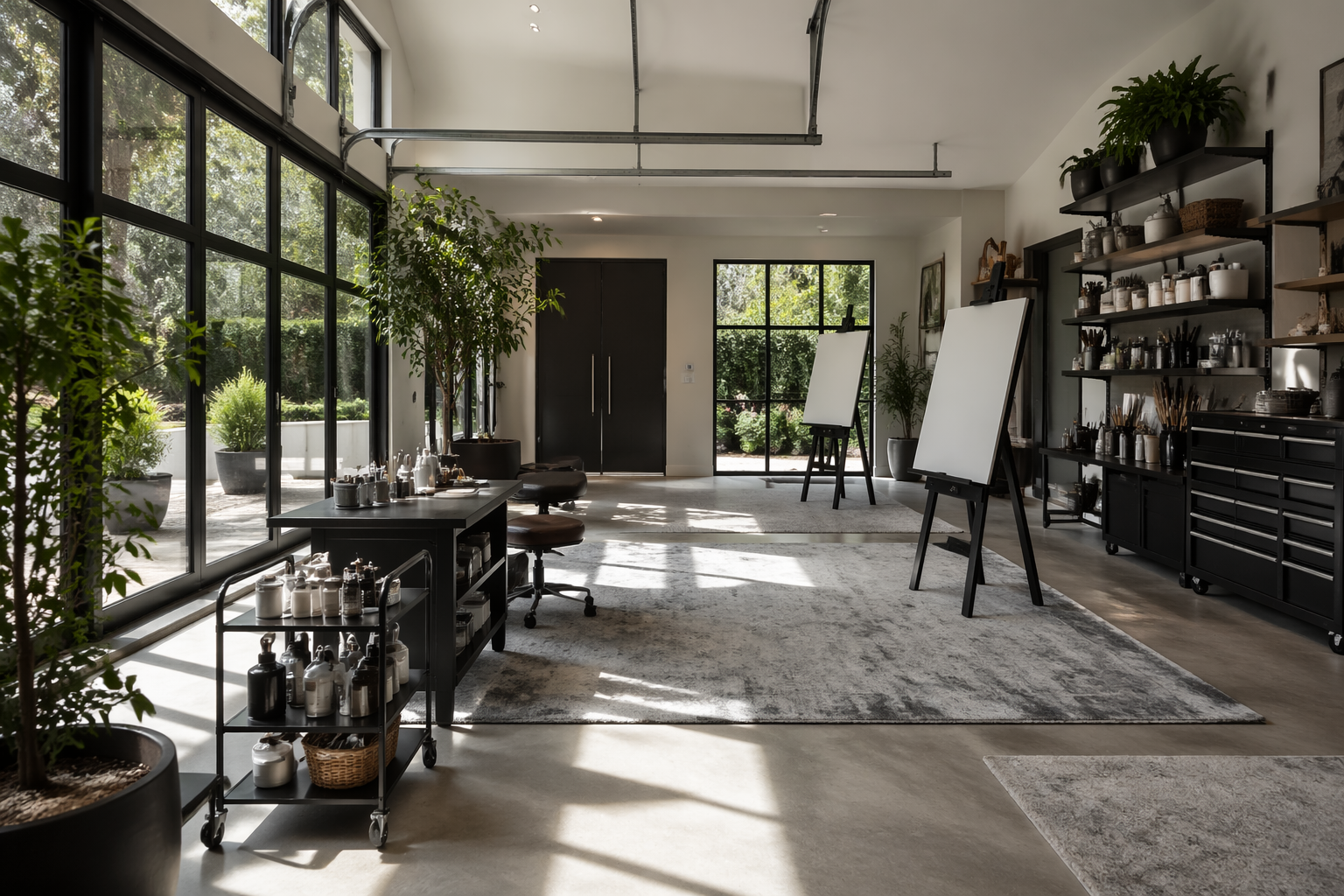 Modern minimalist garage art studio with floor-to-ceiling windows
