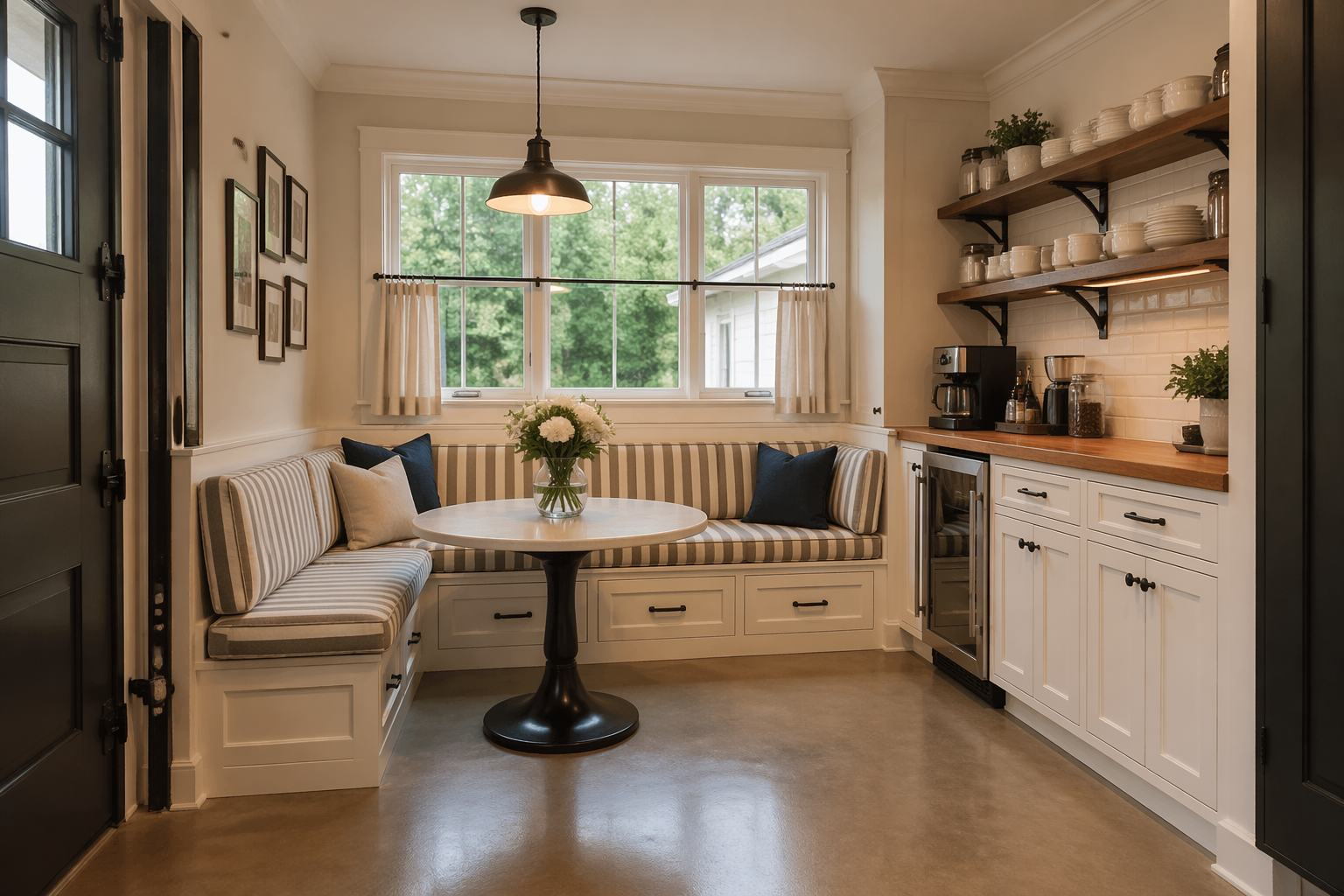 Garage breakfast nook with built-in banquette seating and round table