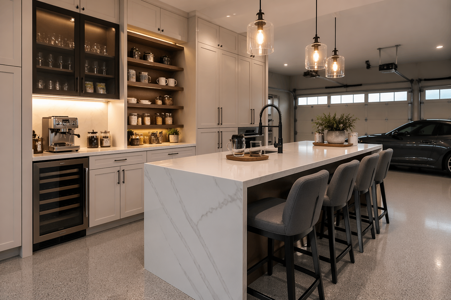 Garage breakfast bar with waterfall edge countertop and modern stools