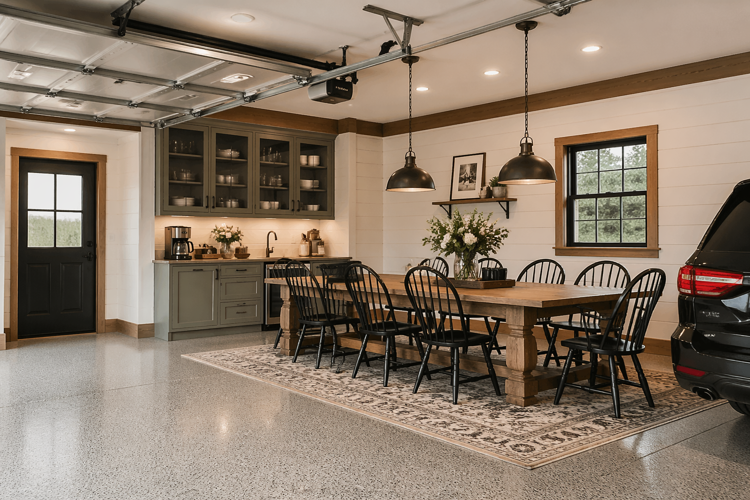 Open garage dining area with farmhouse table and coffee station