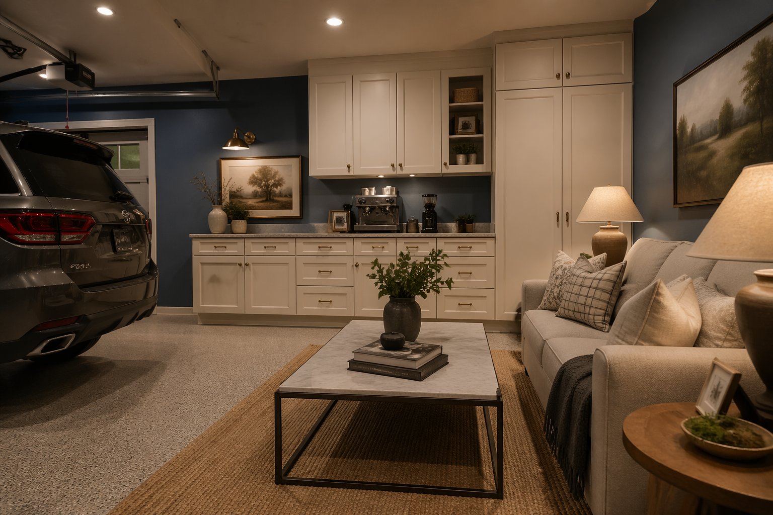 Inviting garage coffee space with soft blue walls and comfortable sofa